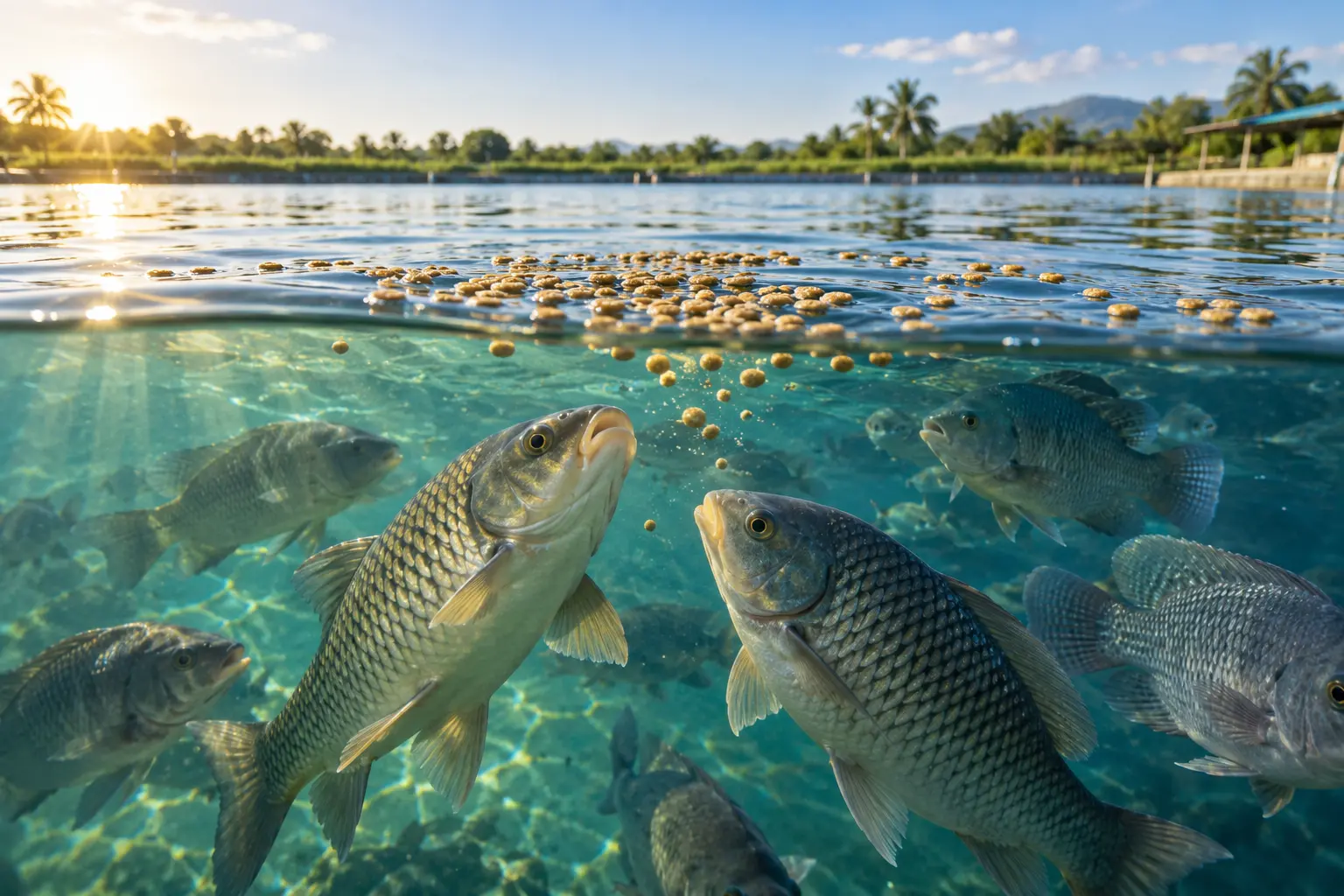 Healthy farmed fish feeding on floating pellets in a clean aquaculture pond