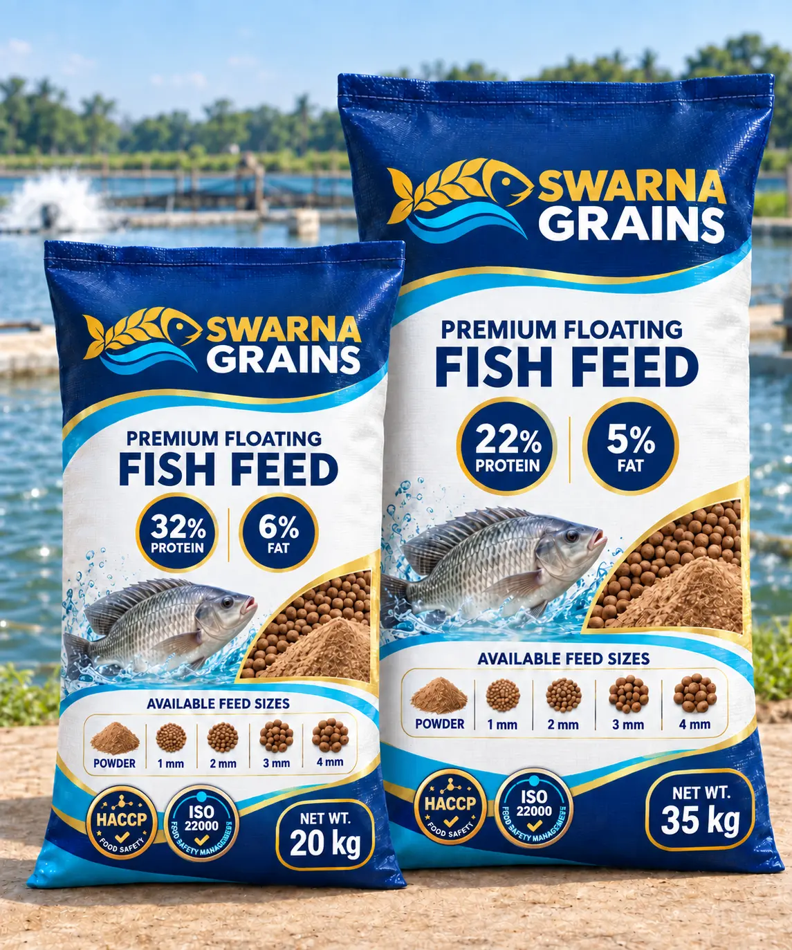 Swarna Grains Premium Floating Fish Feed in 20 kilogram and 35 kilogram bags